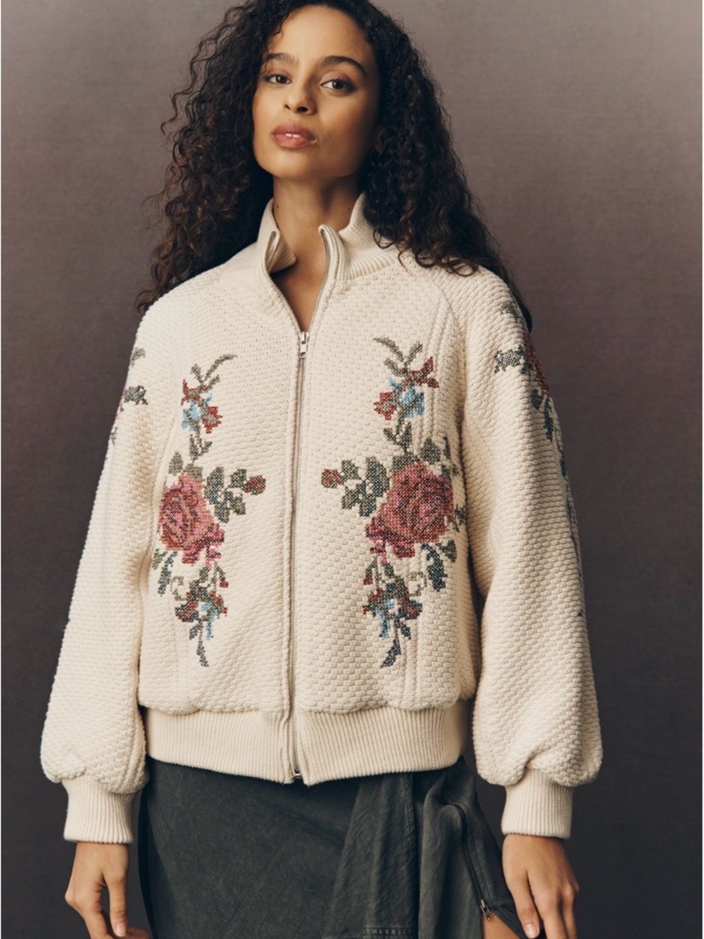 Anthropologie Floral Embroidered Cream Zip-Up Jacket **sold out **